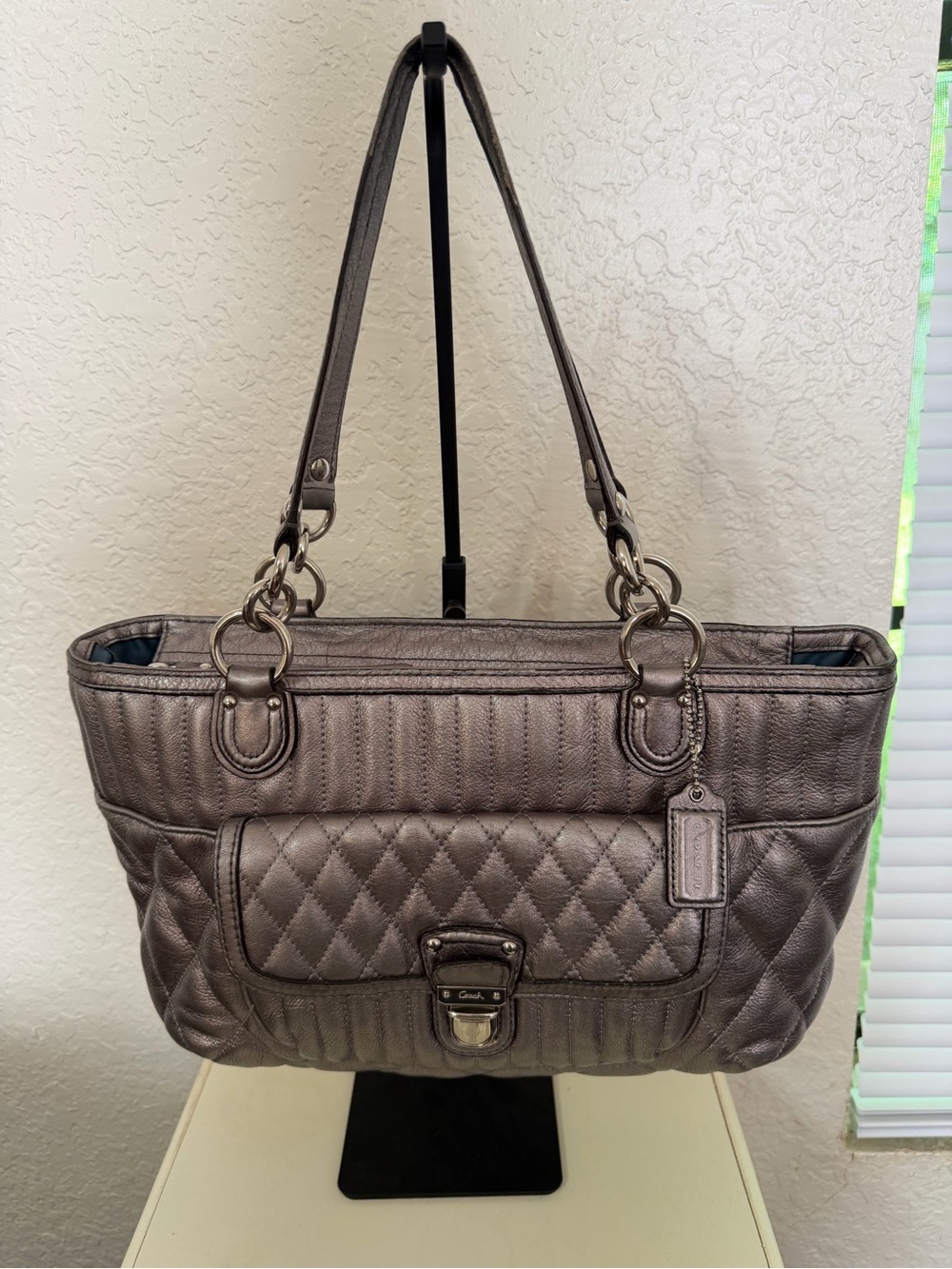Coach Poppy Quilted Metallic Leather Tote Bag - Picture 1 of 10